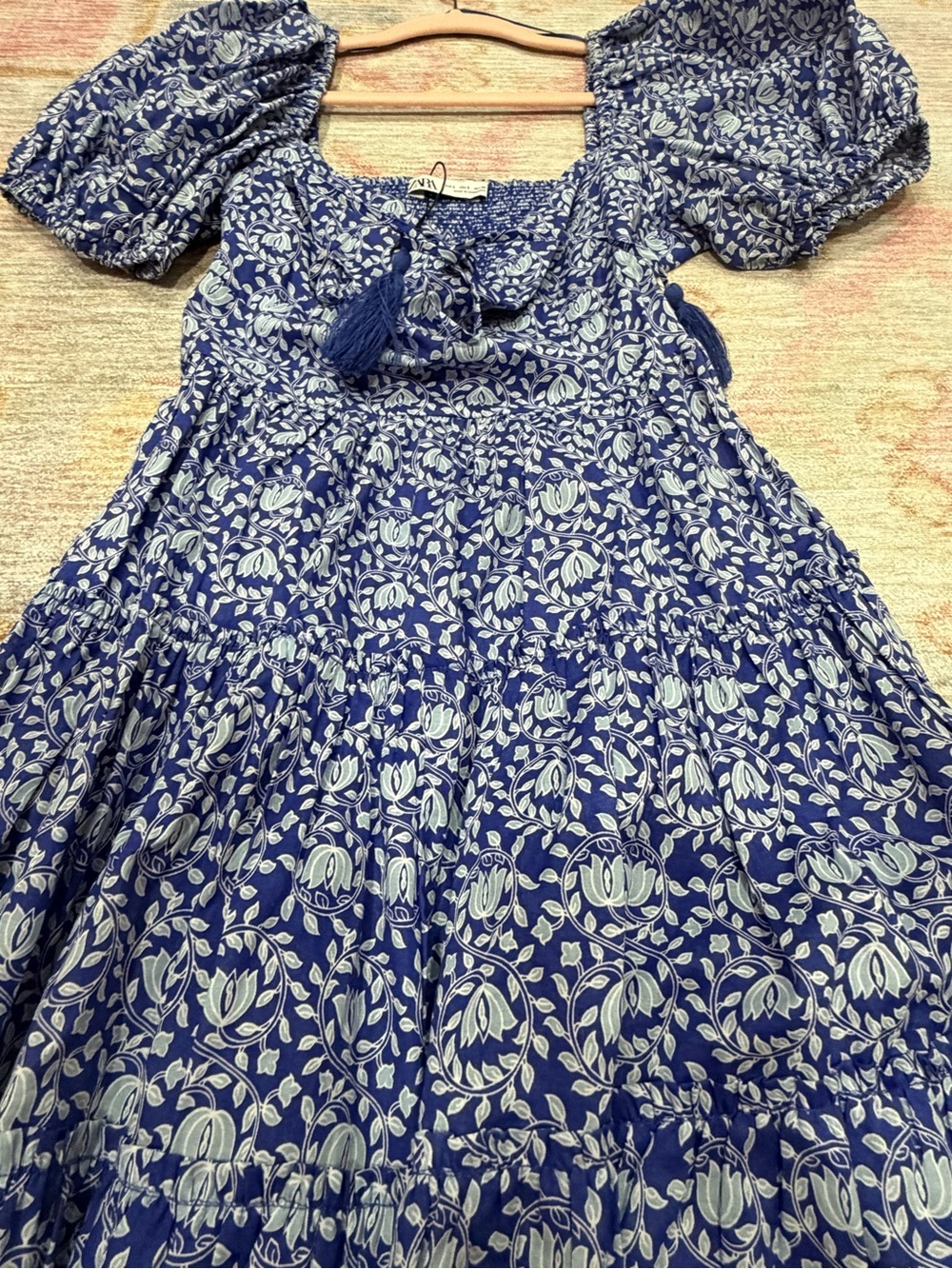 Zara Blue and White Floral Puff Sleeve Dress